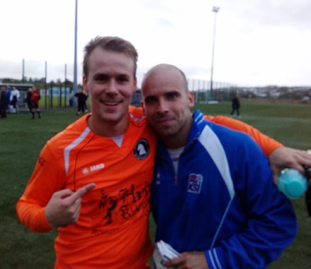 Heiðar Númi Hrafnsson markvörður Hvíta Riddarans og Auðunn Blöndal framherji hjá Vængjum Júpíters mætast í D-riðlinum.