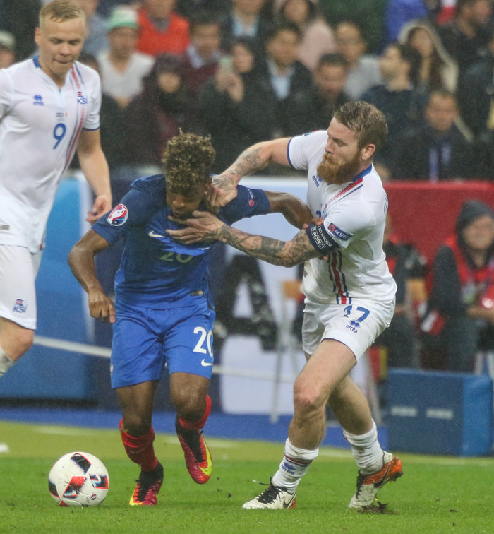 Kingsley Coman var í byrjunarliði Frakklands. Hér er hann í leik gegn Íslandi á EM 2016.