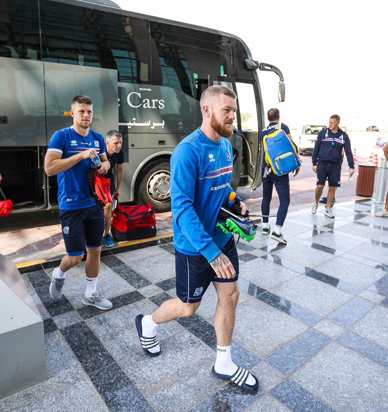 Aron Einar Gunnarsson í Katar í dag.