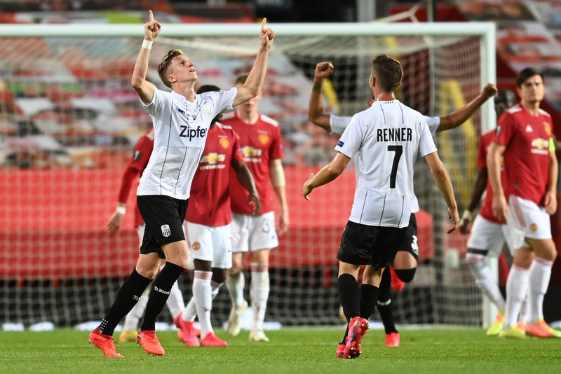 LASK fagnar marki gegn Manchester United fyrir nokkrum árum.