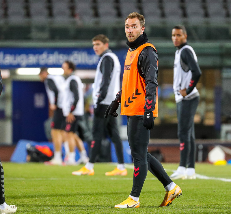 Christian Eriksen á æfingu Dana á Laugardalsvelli í gærkvöldi.