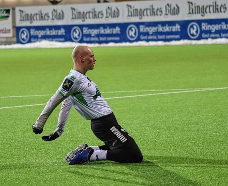 Arnór Gauti fagnar marki í Noregi í fyrra.