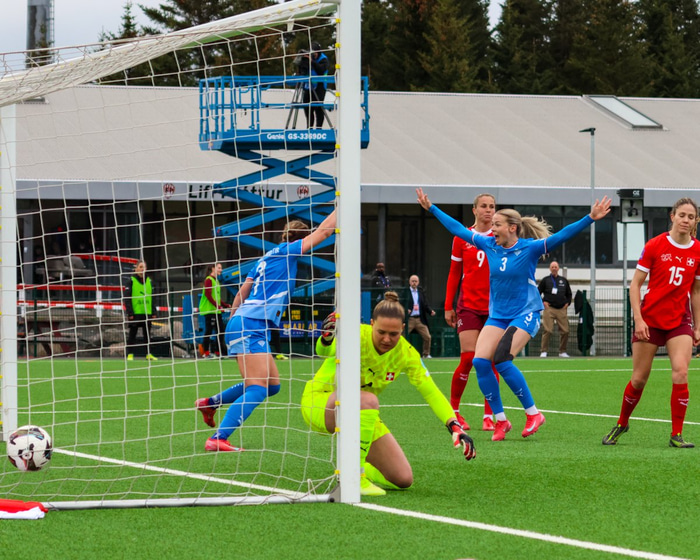 Marki fagnað gegn Sviss í gær.