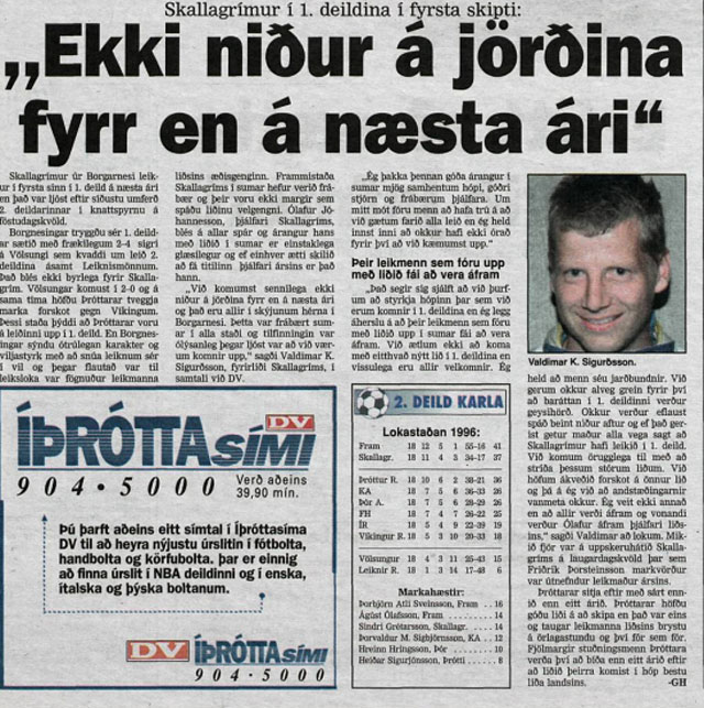 Grein úr DV eftir að Skallagrímur tryggði sér sæti sæti í úrvalsdeild árið 1996.
